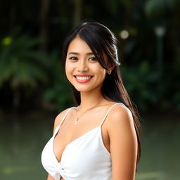 A beautiful woman from Medan, Sumatra, with big breasts, exuding a simple yet relaxed vibe