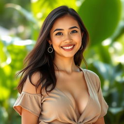 A beautiful woman from Medan, Sumatra, with big breasts, exuding a simple yet relaxed vibe