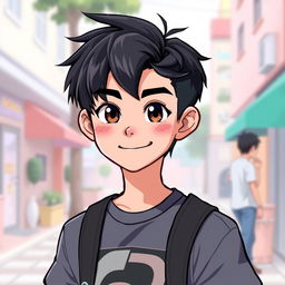 A teenage male character with striking jet black hair styled in a youthful, modern cut