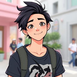 A teenage male character with striking jet black hair styled in a youthful, modern cut