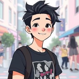 A teenage male character with striking jet black hair styled in a youthful, modern cut