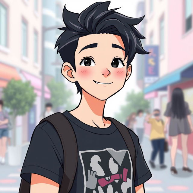 A teenage male character with striking jet black hair styled in a youthful, modern cut