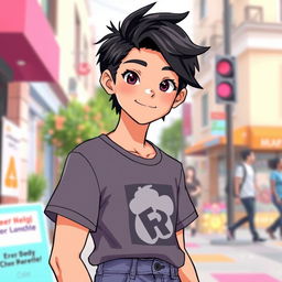 A teenage male character with striking jet black hair styled in a youthful, modern cut