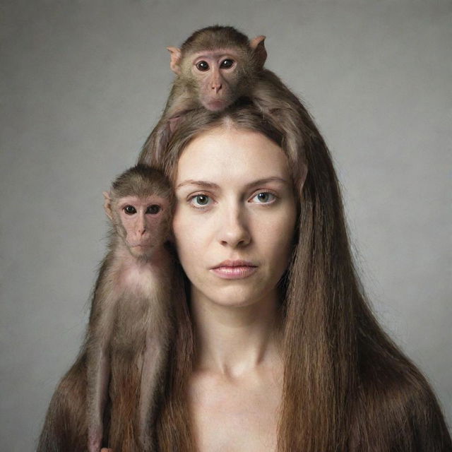 A woman with a monkey's head and long hair