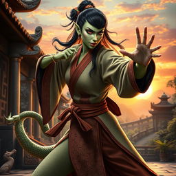 A female Yuan-ti monk, featuring a serpentine lower body and human upper body