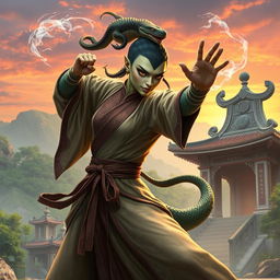A female Yuan-ti monk, featuring a serpentine lower body and human upper body