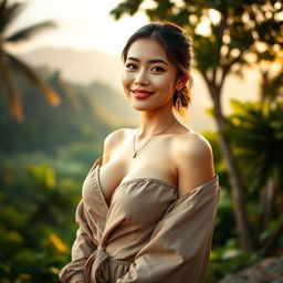 A beautiful woman from Aceh, Sumatra, with big breasts, radiating a sense of relaxed luxury