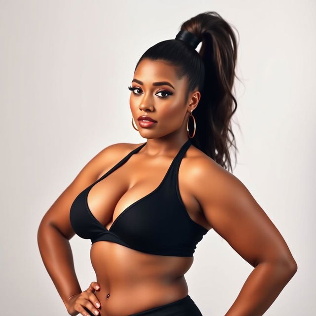 A full body portrait of a striking curvy woman with a slick high ponytail, accentuating her confident demeanor