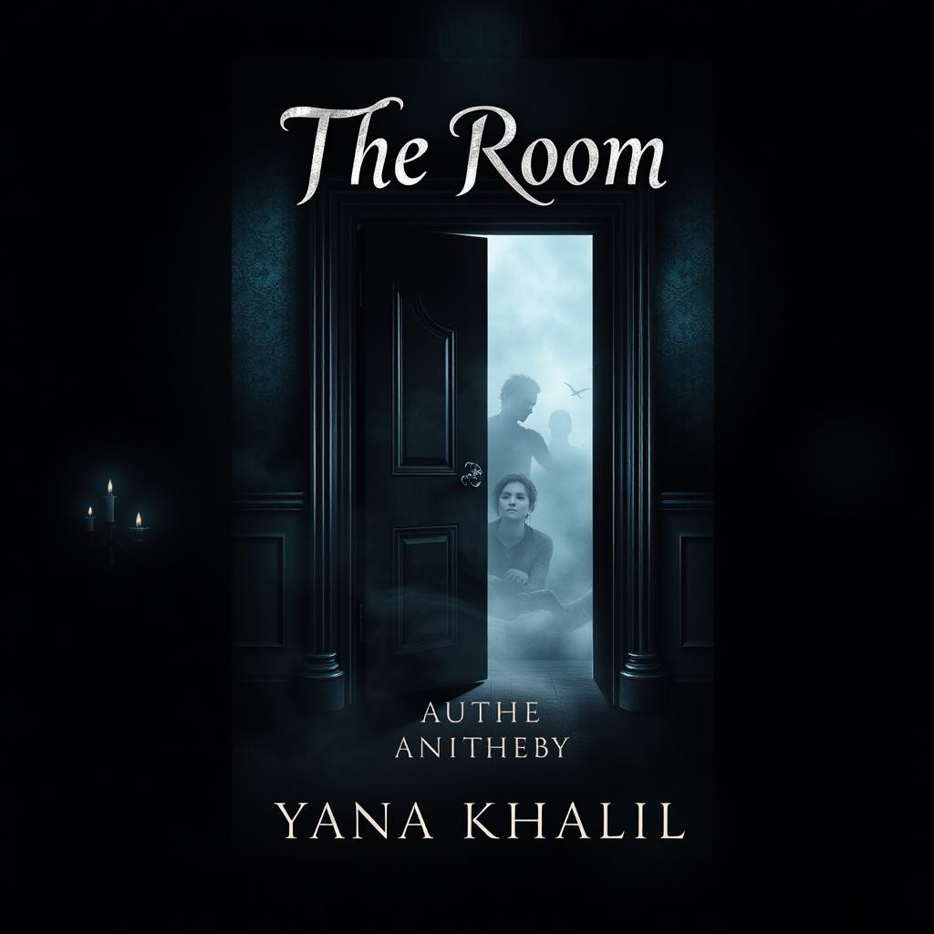 An alluring and mysterious book cover design for a novel titled "The Room" by author "Yana Khalil"