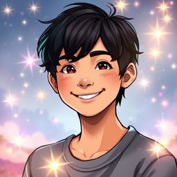 A kind-hearted teenage male with jet black hair, styled in a relaxed and casual manner