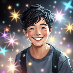A kind-hearted teenage male with jet black hair, styled in a relaxed and casual manner