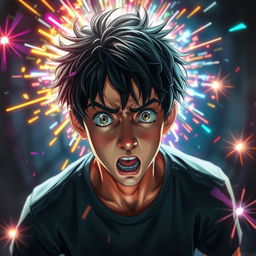 A scared teenage male character with messy jet black hair, depicting a look of fear and anxiety on his face