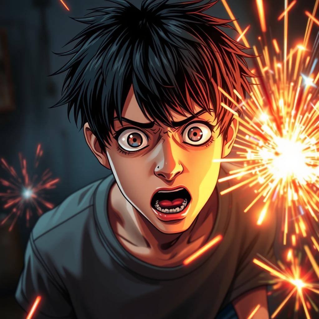 A scared teenage male character with messy jet black hair, depicting a look of fear and anxiety on his face