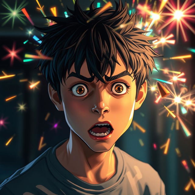 A scared teenage male character with messy jet black hair, depicting a look of fear and anxiety on his face