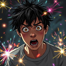 A scared teenage male character with messy jet black hair, depicting a look of fear and anxiety on his face