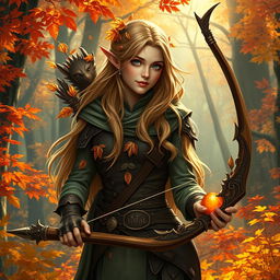 A stunning female Eladrin ranger set in an autumn forest, with vibrant fall foliage of reds, oranges, and yellows surrounding her