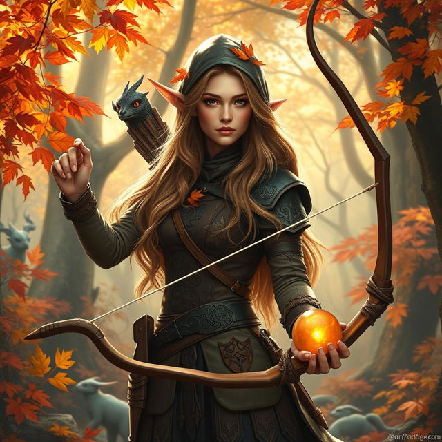 A stunning female Eladrin ranger set in an autumn forest, with vibrant fall foliage of reds, oranges, and yellows surrounding her