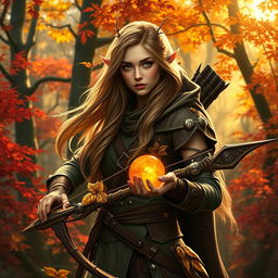 A stunning female Eladrin ranger set in an autumn forest, with vibrant fall foliage of reds, oranges, and yellows surrounding her