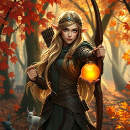 A stunning female Eladrin ranger set in an autumn forest, with vibrant fall foliage of reds, oranges, and yellows surrounding her