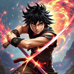 A teenage male with striking jet black hair, wielding a sword with confidence
