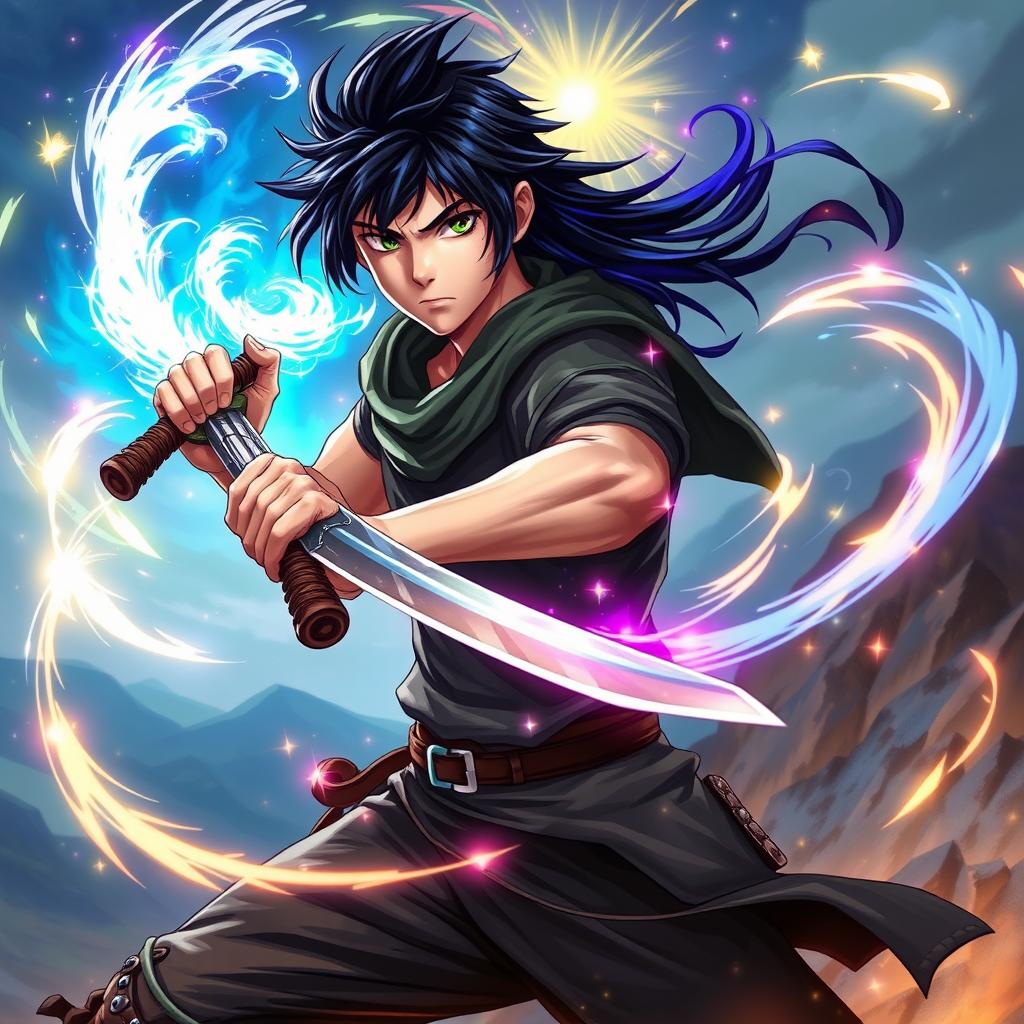 A teenage male with striking jet black hair, wielding a sword with confidence