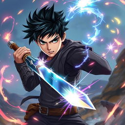 A teenage male with striking jet black hair, wielding a sword with confidence