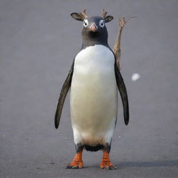 A full body penguin with a deer head