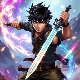 A teenage male with striking jet black hair, wielding a sword with confidence