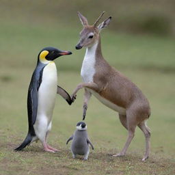 A small Kancil deer with the body of a penguin, striking an elegant balance between the smooth fins of a penguin and the slender legs of a deer