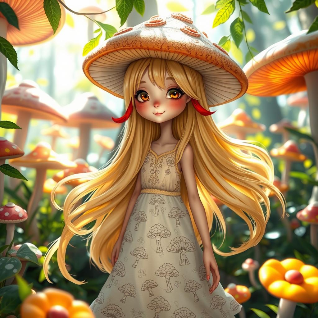 A whimsical mushroom girl with a captivating appearance, wearing a flowing white dress adorned with intricate mushroom patterns