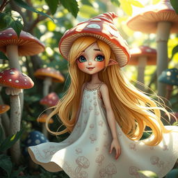A whimsical mushroom girl with a captivating appearance, wearing a flowing white dress adorned with intricate mushroom patterns