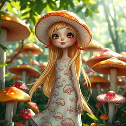 A whimsical mushroom girl with a captivating appearance, wearing a flowing white dress adorned with intricate mushroom patterns
