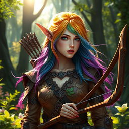 A female Eladrin ranger in a forest setting, showcasing her ethereal beauty with vivid, multi-colored hair reflecting the changing seasons