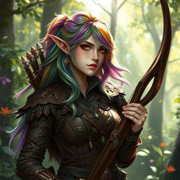 A female Eladrin ranger in a forest setting, showcasing her ethereal beauty with vivid, multi-colored hair reflecting the changing seasons