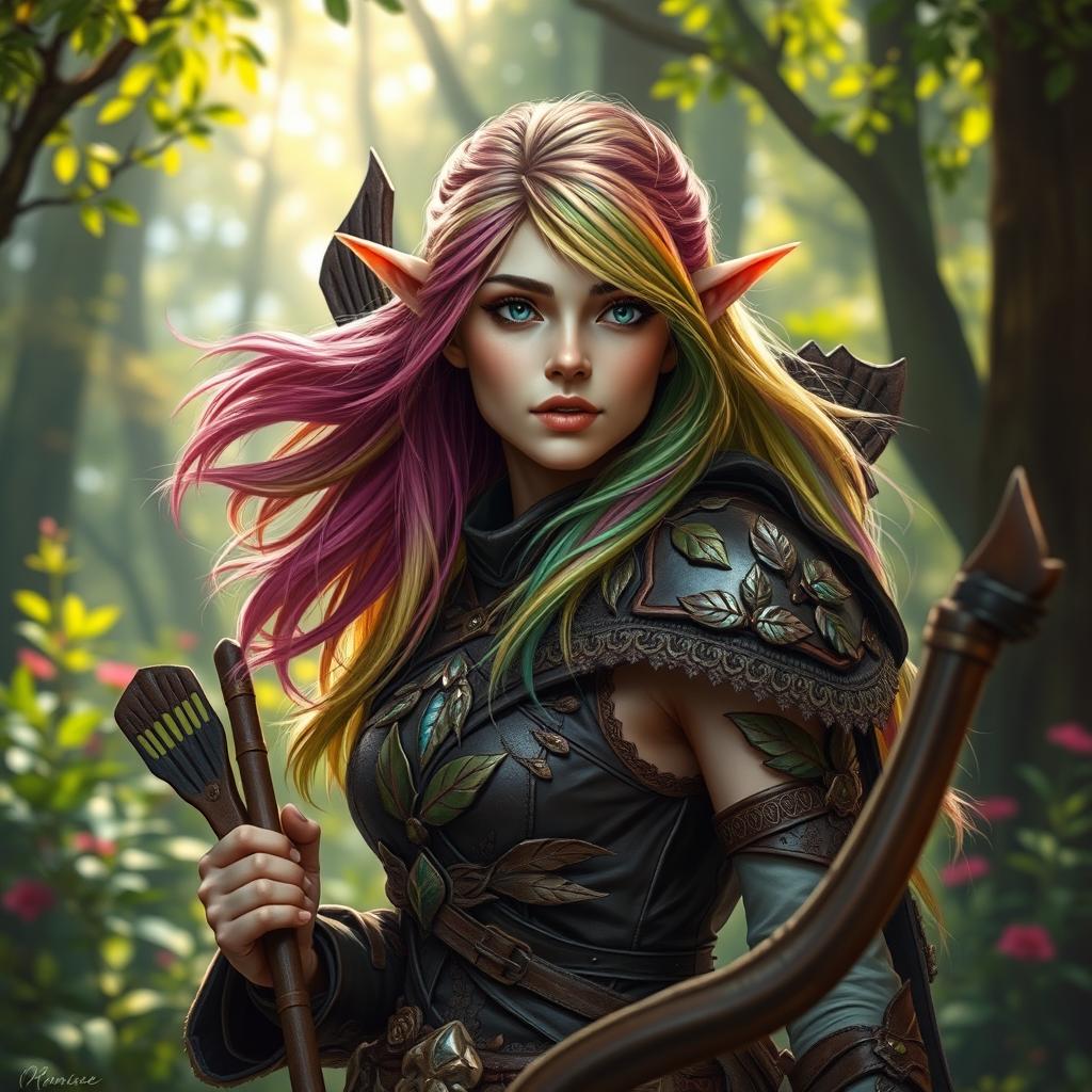 A female Eladrin ranger in a forest setting, showcasing her ethereal beauty with vivid, multi-colored hair reflecting the changing seasons