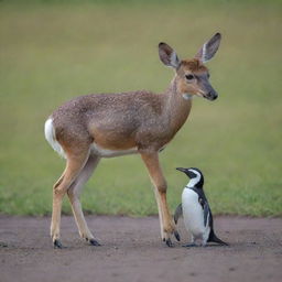 A small Kancil deer with the body of a penguin, striking an elegant balance between the smooth fins of a penguin and the slender legs of a deer