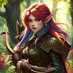 A female Eladrin ranger in a forest setting, showcasing her ethereal beauty with vivid, multi-colored hair reflecting the changing seasons