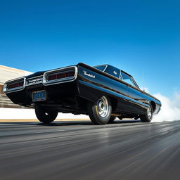 A sleek black 1965 Thunderbird drag car, showcasing its vintage design and aggressive stance