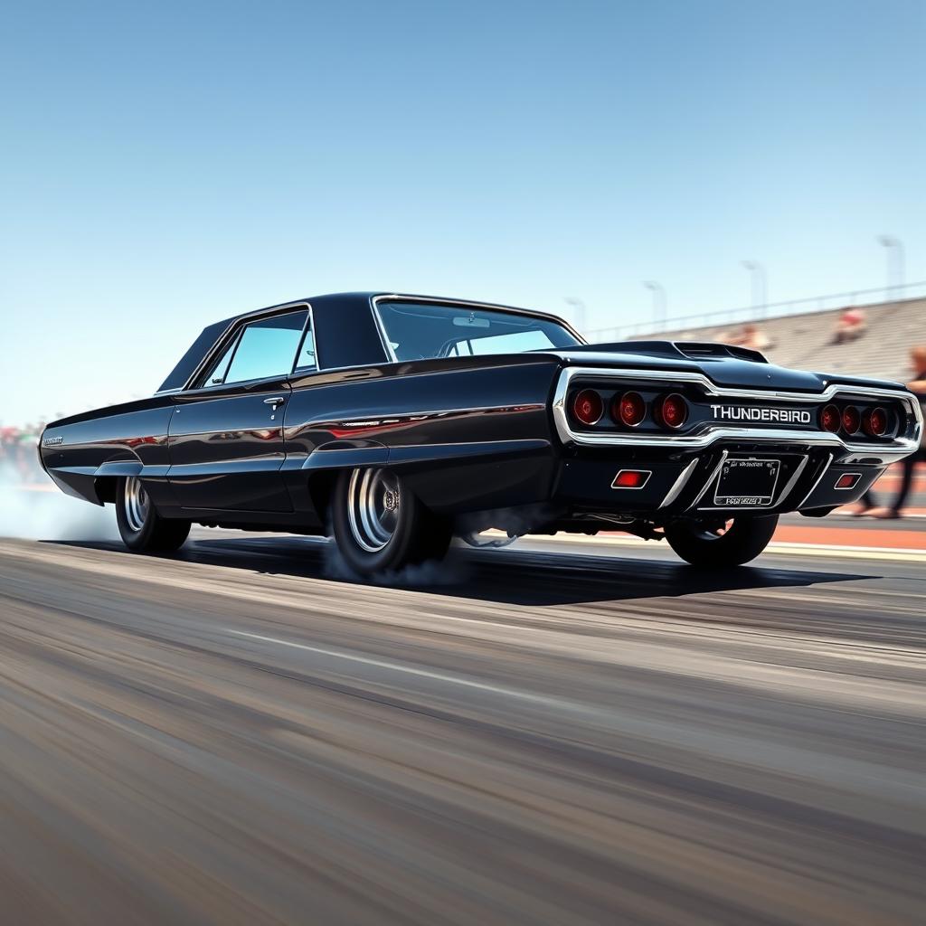 A sleek black 1965 Thunderbird drag car, showcasing its vintage design and aggressive stance