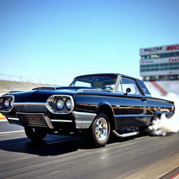 A sleek black 1965 Thunderbird drag car, showcasing its vintage design and aggressive stance