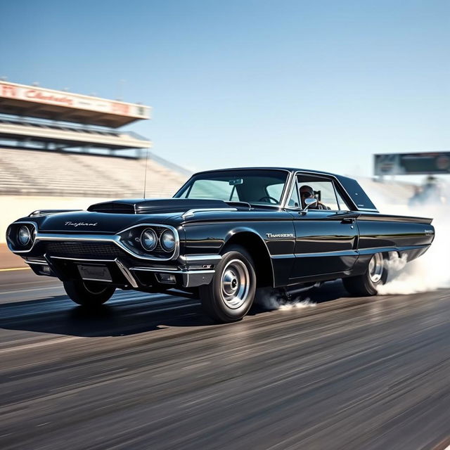 A sleek black 1965 Thunderbird drag car, showcasing its vintage design and aggressive stance