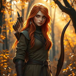 A female eladrin ranger with stunning autumn skin, adorned in nature-inspired clothing that blends with the forest surroundings