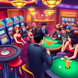 A vibrant and exciting illustration of a casino scene depicting patrons enjoying freeplay at various gaming tables