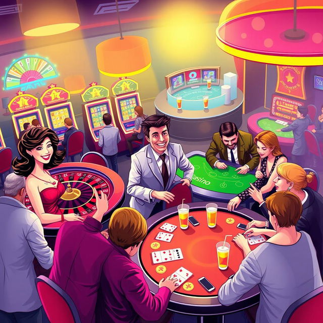 A vibrant and exciting illustration of a casino scene depicting patrons enjoying freeplay at various gaming tables