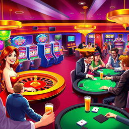 A vibrant and exciting illustration of a casino scene depicting patrons enjoying freeplay at various gaming tables