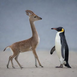 A small Kancil deer with the body of a penguin, striking an elegant balance between the smooth fins of a penguin and the slender legs of a deer