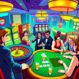 A vibrant and exciting illustration of a casino scene depicting patrons enjoying freeplay at various gaming tables