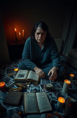 An emotional portrait of a person sitting alone in a dimly lit room, surrounded by scattered photographs that symbolize their traumatic past