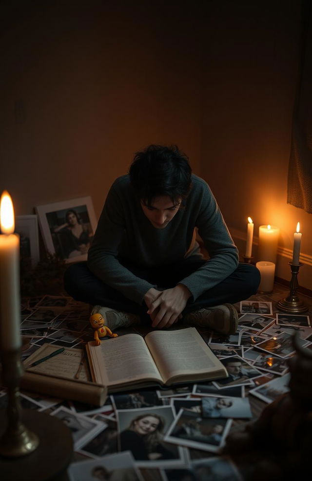 An emotional portrait of a person sitting alone in a dimly lit room, surrounded by scattered photographs that symbolize their traumatic past