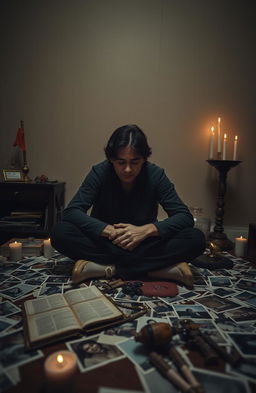 An emotional portrait of a person sitting alone in a dimly lit room, surrounded by scattered photographs that symbolize their traumatic past